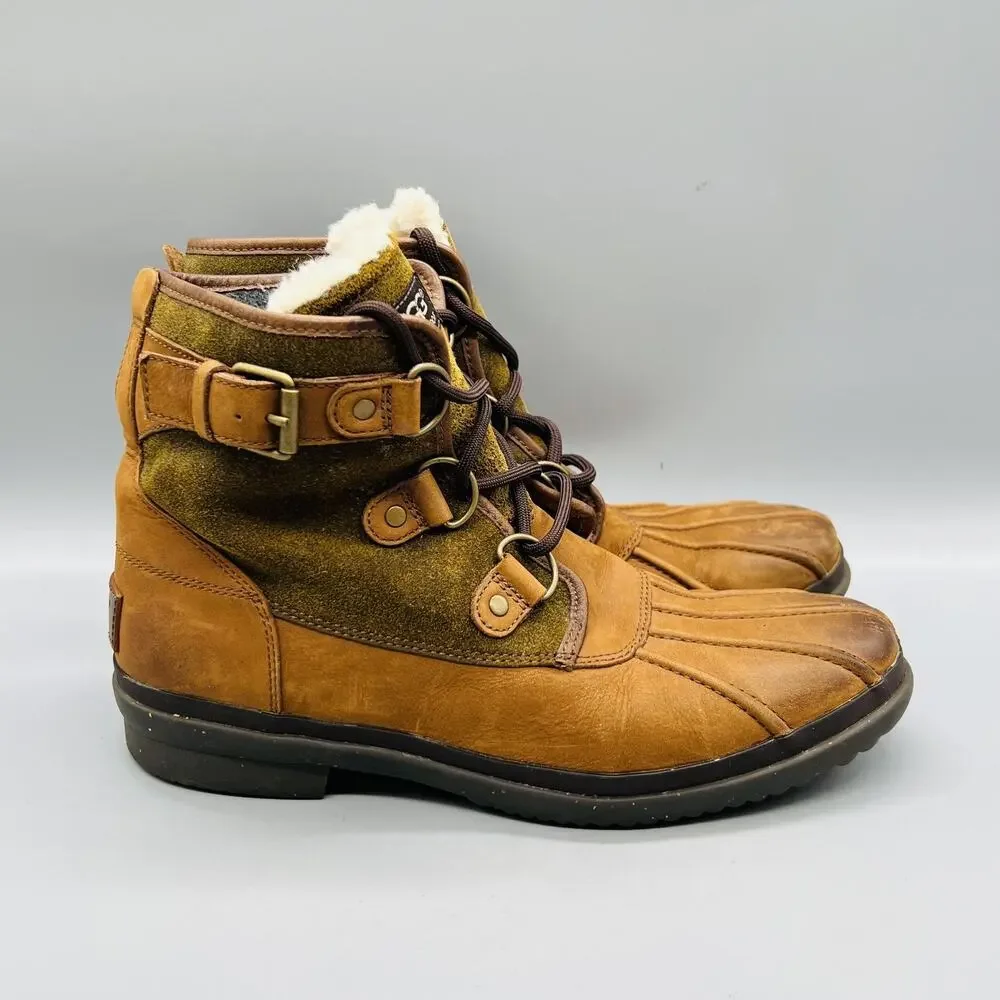 UGG Boots Womens 10 Brown Leather Waterproof Shearling Ankle Lace Up Winter